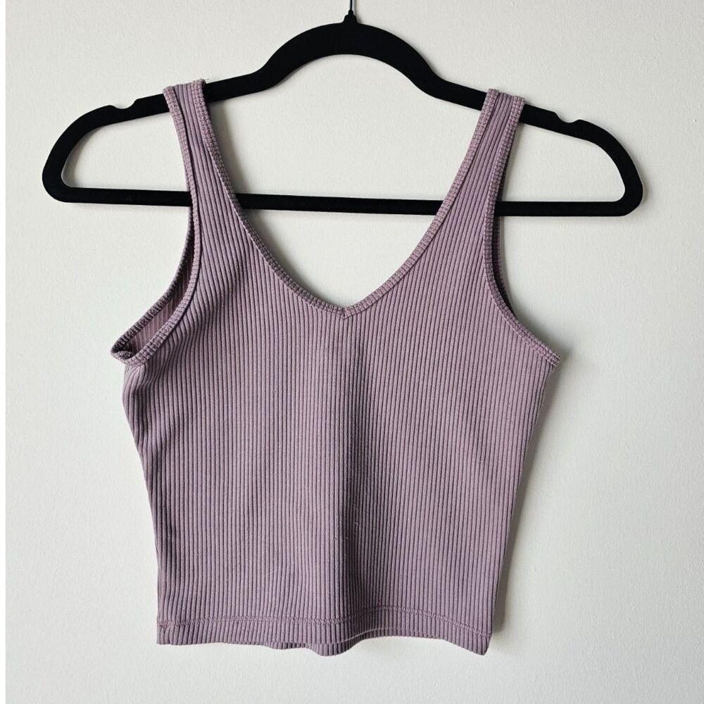 Hollister Ribbed Crop Top XS Mauve Fitted V Neck Casual Basic Stretch